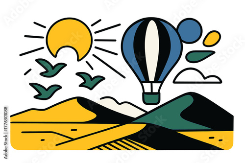 Balloon Over Desertscape. Golden horizon. Balloon rising over desert terrain with abstract floating birds, sun