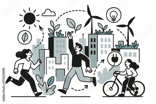 Sustainable Urban Skyline. Urban sustainability. City skyline with rooftops covered in gardens and wind turbines; dotted lines show energy circulation. Lively,