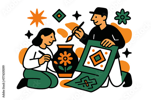 Vibrant Folk Art Design. Folk art creation. Artists painting traditional motifs on ceramics or textiles,