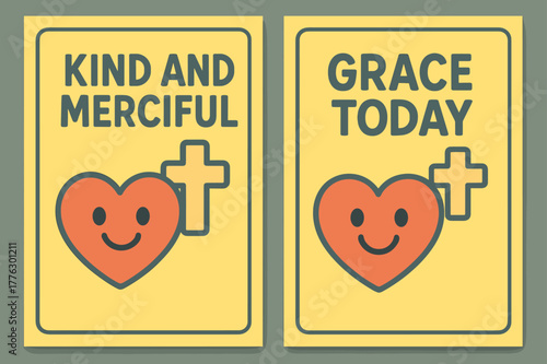 Heartfelt Banners. Mercy. Two vertical A6 banners with safe margins, centered composition, no elements touching edges, cartoon, lemon and slate, smiling heart,