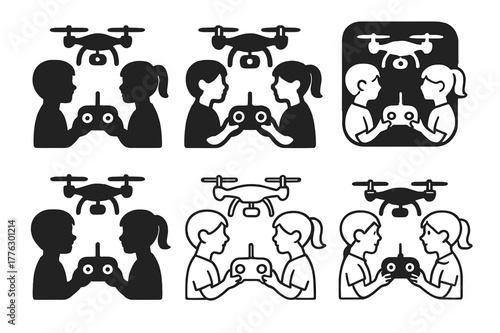 Experimental Learning Icons. Students participating in hands-on experiments. Icon set. Set Logo of students participating in hands-on experiments: drone and