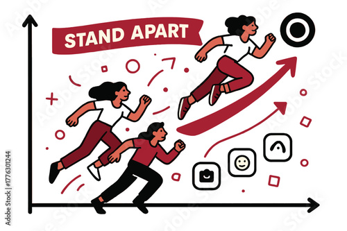 Stand Apart Graph. Pitch Deck ? Competitive Landscape. A graph positions your logo at a high corner; small icons represent rivals below. Ribbon text ?stand