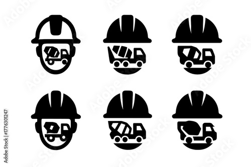 Concrete Truck Logos. Concrete truck drivers delivering materials to sites. Set Logo of driver hard hat with mini mixer emblem: Negative space, Stylized