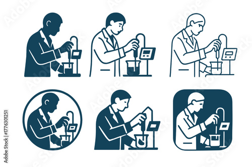 Laboratory Logo Variations. Laboratory assistants performing hands-on tasks. Set Logo of Laboratory assistants performing hands-on tasks: calibrating pH meter