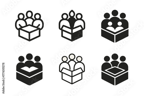 Family Stories Icons. Telling family stories at a gathering. Set Logo of Telling family stories at a gathering: keepsake memory box. Icon set. harmonious logo