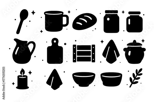 Farmhouse Kitchen Icons. Farmhouse Kitchen Decor. Solid icons set of Farmhouse Kitchen Decor: wooden spoon, enamel mug, bread loaf, jar, milk jug, cutting