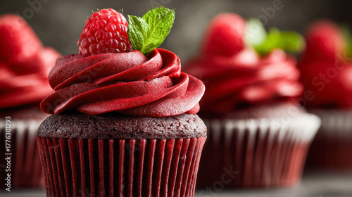 Decadent chocolate cupcakes with rich red frosting topped with fresh raspberries and vibrant green mint leaves beautifully arranged in soft focus background