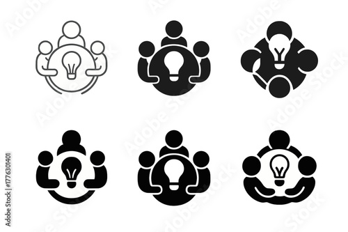 Creative Logo Icon Set. Marketing professionals brainstorming ideas. Set Logo of marketing professionals brainstorming ideas: roundtable with lightbulb