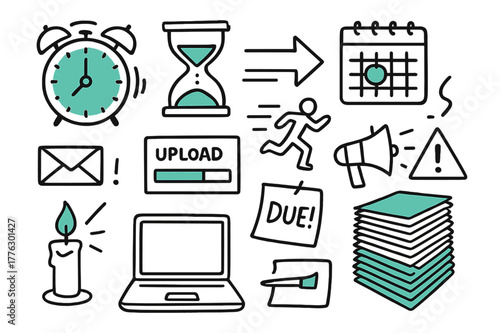 Deadline Pressure Icons. // Deadline crunch. Hand-drawn doodle illustration Deadline crunch [alarm clock (accented), hourglass (accented), calendar with red