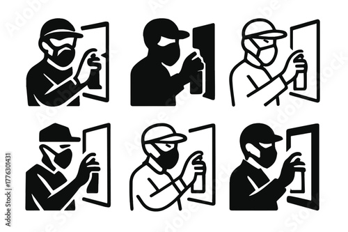 Street Artist Logos. Street artist working on artwork. Set Logo of Street artist working on artwork: artist with mask and cap. Icon set. harmonious logo