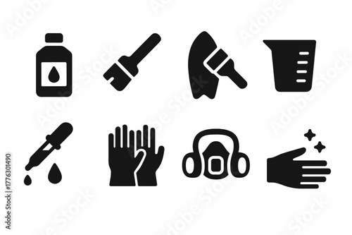 Natural Resin Icons. Natural resin application. Filled icon set of natural resin application: resin bottle,