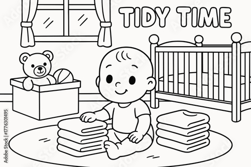 Nursery Tidy Time. Nursery tidy time children?s coloring book illustration, outlined drawing, a baby sitting with a stack of folded clothes beside a crib and