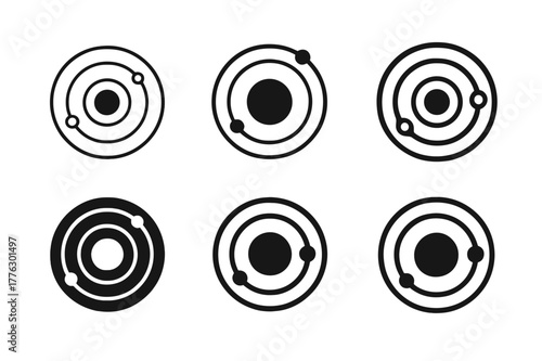 Planetary Orbit Logos. Solar system dynamics and planetary orbits. Set Logo of Solar system dynamics and planetary orbits: heliocentric orbit diagram. Icon