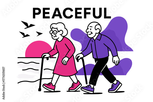 Sunset Seaside Stroll. Old age ? Sunset seaside walk. Canes and sneakers step in rhythm; gulls reduce to triangle kites over rolling lines. The word ?PEACEFUL?