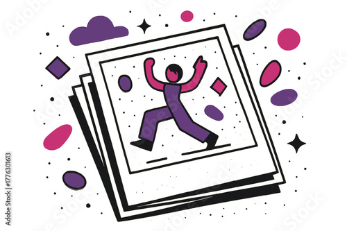 Vintage Photographic Memories. Dusty Photograph. Stack of dusty photographs with floating abstract geometric dust particles, vintage and nostalgic scene.