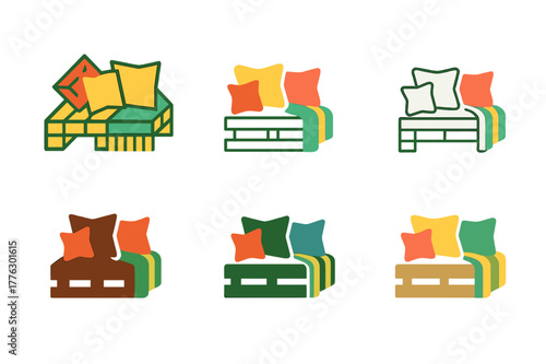 Colorful Garden Logo Variations. Adding colorful outdoor cushions and throws to a garden seating area. Set Logo of pallet lounge: low platform sofa with bright