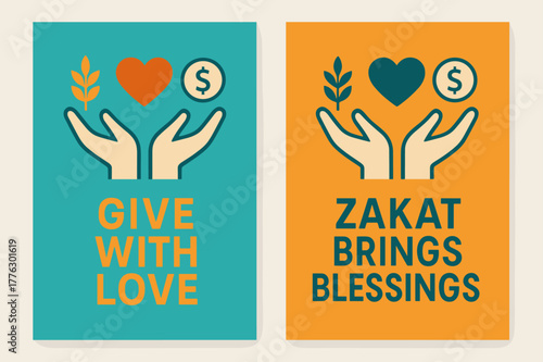 Zakat Charity Banners. Charity (Zakat). Two vertical A6 banners with safe margins, centered composition, no elements touching edges, modern, turquoise and