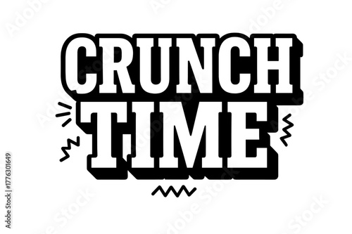 Crunch Time Typography. . Crunch Time ? Bold Block Lettering: massive geometric caps with chunky slab serifs, heavy outer outline and deep flat drop shadow;