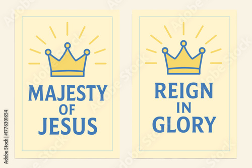 Majestic Kingdom Banners. King of Kings. Two vertical A6 banners with safe margins, centered composition, no elements touching edges, pastel, cobalt and lemon,