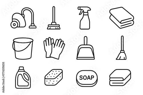 Home Cleaning Icons. Home cleaning. Line icon set of home cleaning: vacuum cleaner, mop, spray bottle, cleaning cloth, bucket, gloves, dustpan,
