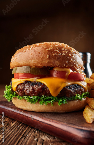 close-up of a clean gourmet cheeseburger