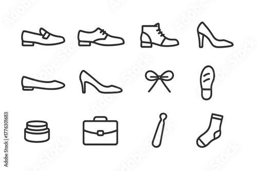 Office Footwear Icons. Office footwear. Line outline icon set of office footwear: loafers, oxfords, ankle