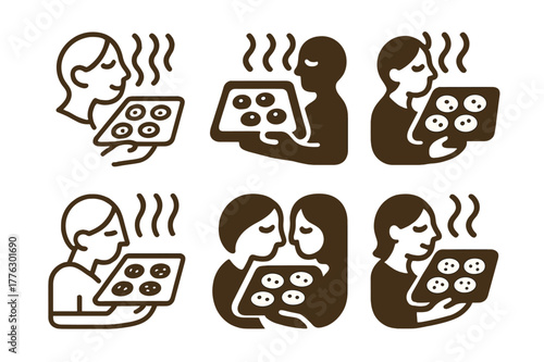 Cookie Logo Variations. Baking fresh cookies and enjoying the smell of them. Set Logo of Baking fresh cookies and enjoying the smell of them: oven tray with