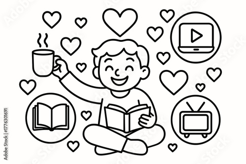 Solo Fun Coloring. Solo polyamory children?s coloring book illustration, outlined drawing, happy person surrounded by hearts, enjoying solo activities,