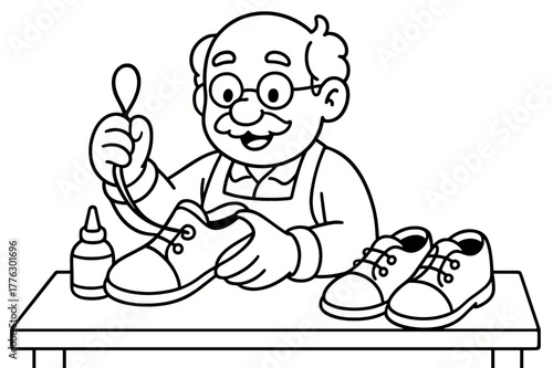 Friendly Cobbler Coloring Page. Shoe maker children?s coloring book illustration, outlined drawing, friendly