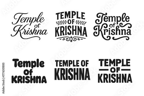 Krishna Temple Lettering Styles. Temple of Krishna. Set lettering. harmonious lettering variations of the same emblematic concept, each with different artistic