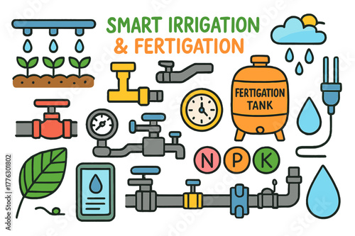 Smart Irrigation Doodle. Smart irrigation and fertigation. Colorful Hand-drawn doodle Children illustration Smart irrigation and fertigation drip line, venturi