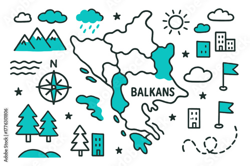 Balkans Geography Doodle. // Balkans geography. Hand-drawn doodle illustration Balkans geography [peninsula map (accented), mountains (accented), coastline