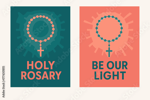 Rosary Aura Banners. Rosary Glow. Two vertical A6 banners with safe margins, centered composition, no elements touching edges, modern, teal and coral, rosary