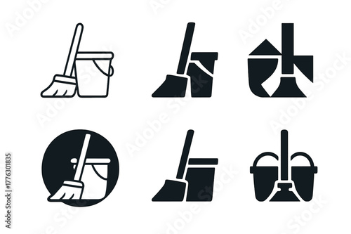 Cleaning Logo Variations. Cleaning the house together. Set Logo of Cleaning the house together: shared mop and bucket. Icon set. harmonious logo variations of