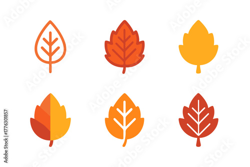 Autumn Leaf Logos. A close-up of colorful autumn leaves, showing rich shades of red, orange, and yellow. Set Logo of Autumn leaves: leaf vein pattern. Icon