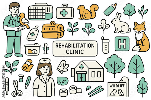 Wildlife Rehab Doodle. Rehabilitation clinic. Hand-drawn doodle illustration veterinarian (colored), injured bird (colored), animal cage (colored), medical kit