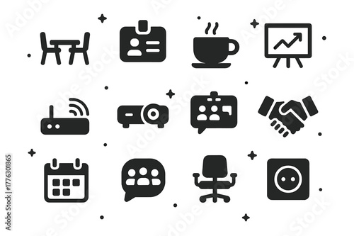 Coworking Icons Grid. Coworking and Meetups. Solid icons set of Coworking and Meetups: shared desk, name tag, coffee cup, whiteboard, wifi router, projector,