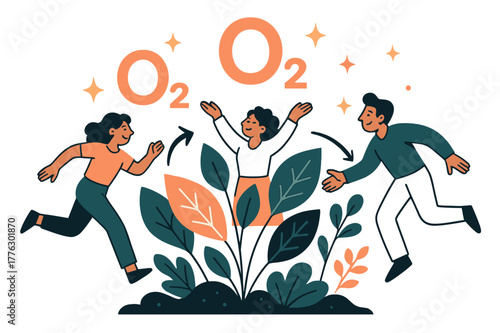 Photosynthesis in Motion. Oxygen. Plants producing oxygen via photosynthesis with abstract floating O2 molecules and sparkles; conveys ecology, sustainability,