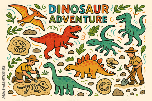 Dinosaur Exploration Fun. Dinosaur Adventure. Colorful Hand-drawn doodle Children illustration Dinosaur Adventure, dinosaurs, fossils, prehistoric creatures,