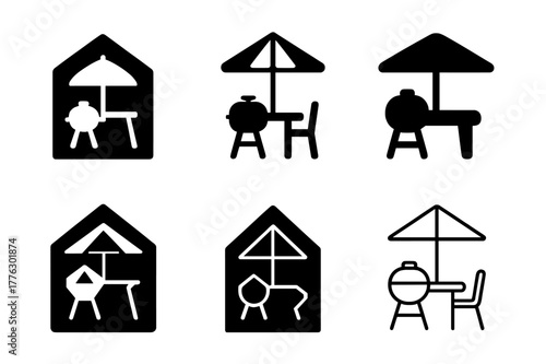 Barbecue Logo Variations. Home barbecues and outdoor kitchens. Icon set. Set Logo of home barbecues and outdoor kitchens: patio with grill and umbrella.