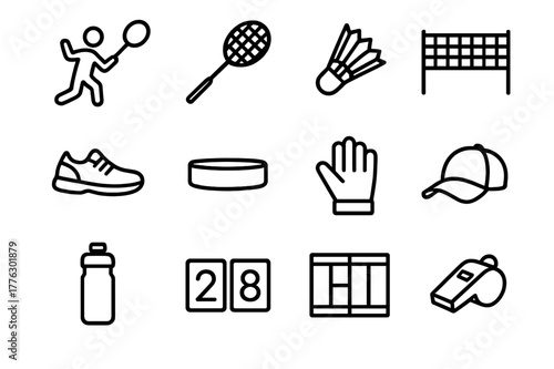 Badminton Icon Set. Badminton fun. Line outline icon set of badminton fun: player, racket, shuttlecock, net,