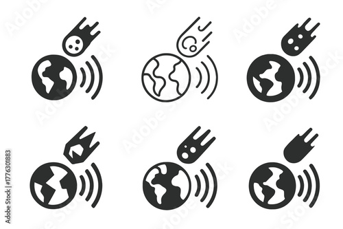Asteroid Impact Logos. Asteroids and meteor impacts on Earth. Set Logo of asteroids and meteor impacts on Earth: near-Earth object tracking radar. Icon set.