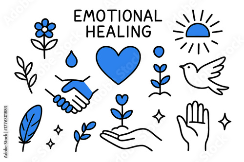 Emotional Healing Symbols. // Emotional healing. Hand-drawn doodle illustration Emotional healing [hands clasped (accented), heart (accented), flower sprout