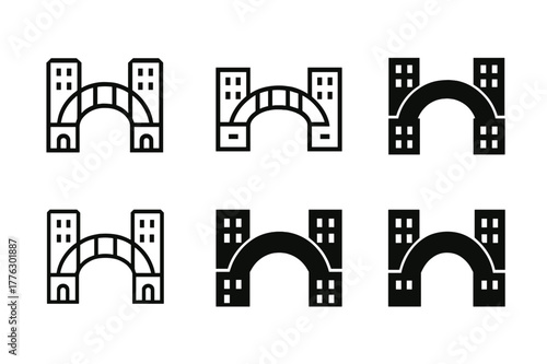 Urban Design Icons. Barriers and solutions in urban design. Set Logo of Barriers and solutions in urban design: pedestrian bridge connecting two urban blocks.