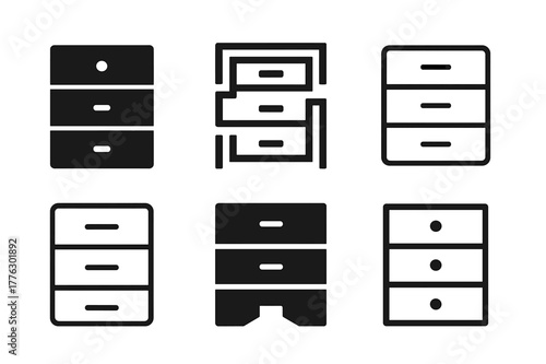 Drawer Logo Variations. Side table drawer. Set Logo of side table drawer: stacked drawers design. Icon set. harmonious logo variations of the same emblematic