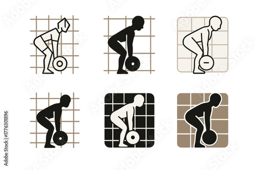 Exercise Logo Variations. Fitness coach demonstrating proper form for exercises like deadlifts. Set Logo of fitness coach demonstrating proper form for