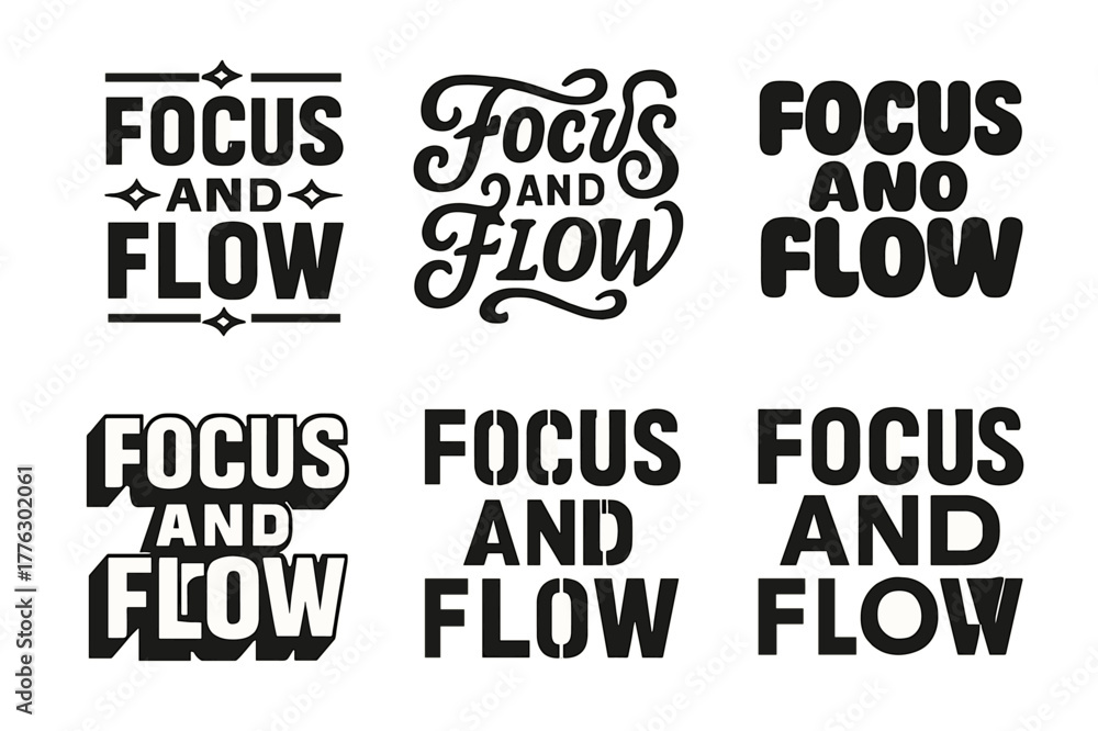 Obraz premium Diverse Typographic Styles. Focus and flow. Set lettering. harmonious lettering variations of the same emblematic concept, each with different artistic