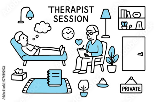 Therapist Session Doodles. // Therapist session. Hand-drawn doodle illustration Therapist session [sofa (accented), therapist notebook (accented), clock,