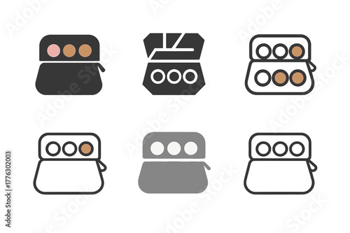 Makeup Trio Logo Set. Blush, highlighter, and bronzer trio. Set Logo of Blush, highlighter, and bronzer trio: makeup pouch with trio pans peeking out. Icon