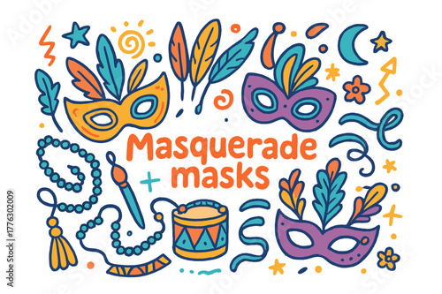 Colorful Masquerade Elements. Masquerade masks. Hand-drawn doodle illustration of masquerade masks. Mask,